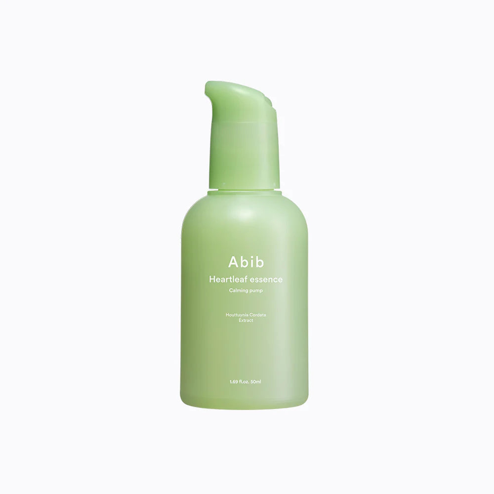 Abib Heartleaf Essence Calming Pump with 80.59% heartleaf extract for soothing sensitive skin.