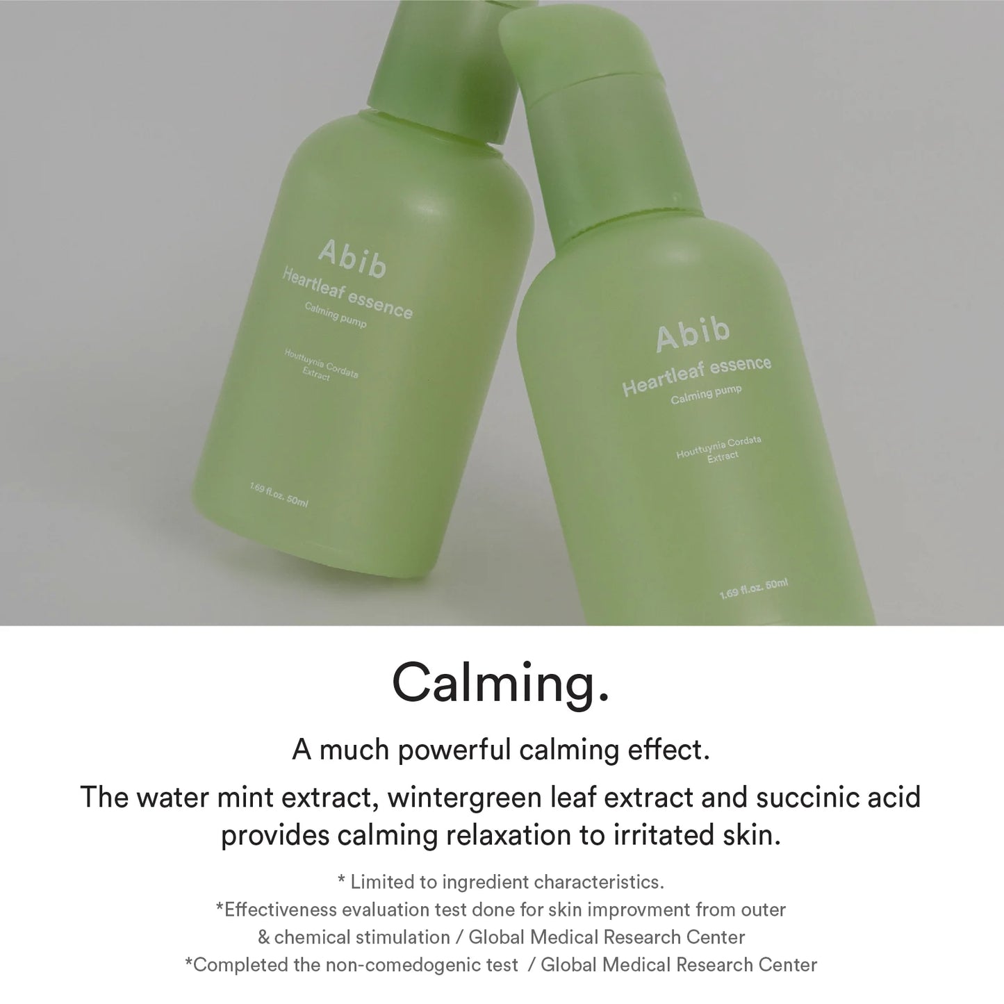 Two bottles of Abib Heartleaf Essence showcasing calming benefits with water mint and wintergreen extracts.