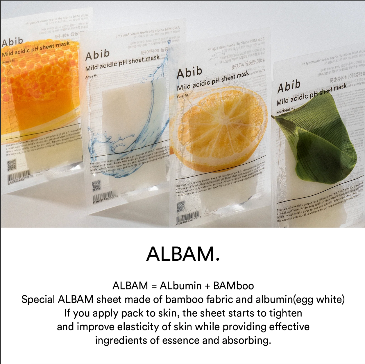 Abib Mild Acidic pH Sheet Mask full range including Yuja Fit, Aqua Fit, Honey Fit, and Heartleaf Fit for various skin needs.