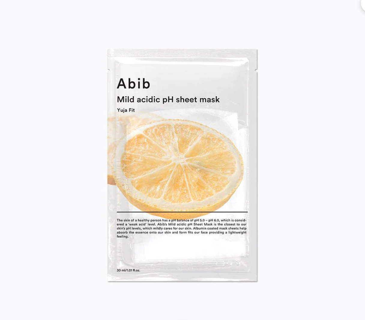 Abib Mild Acidic pH Sheet Mask Yuja Fit with vitamin-rich yuja extract for brightening and skin hydration.