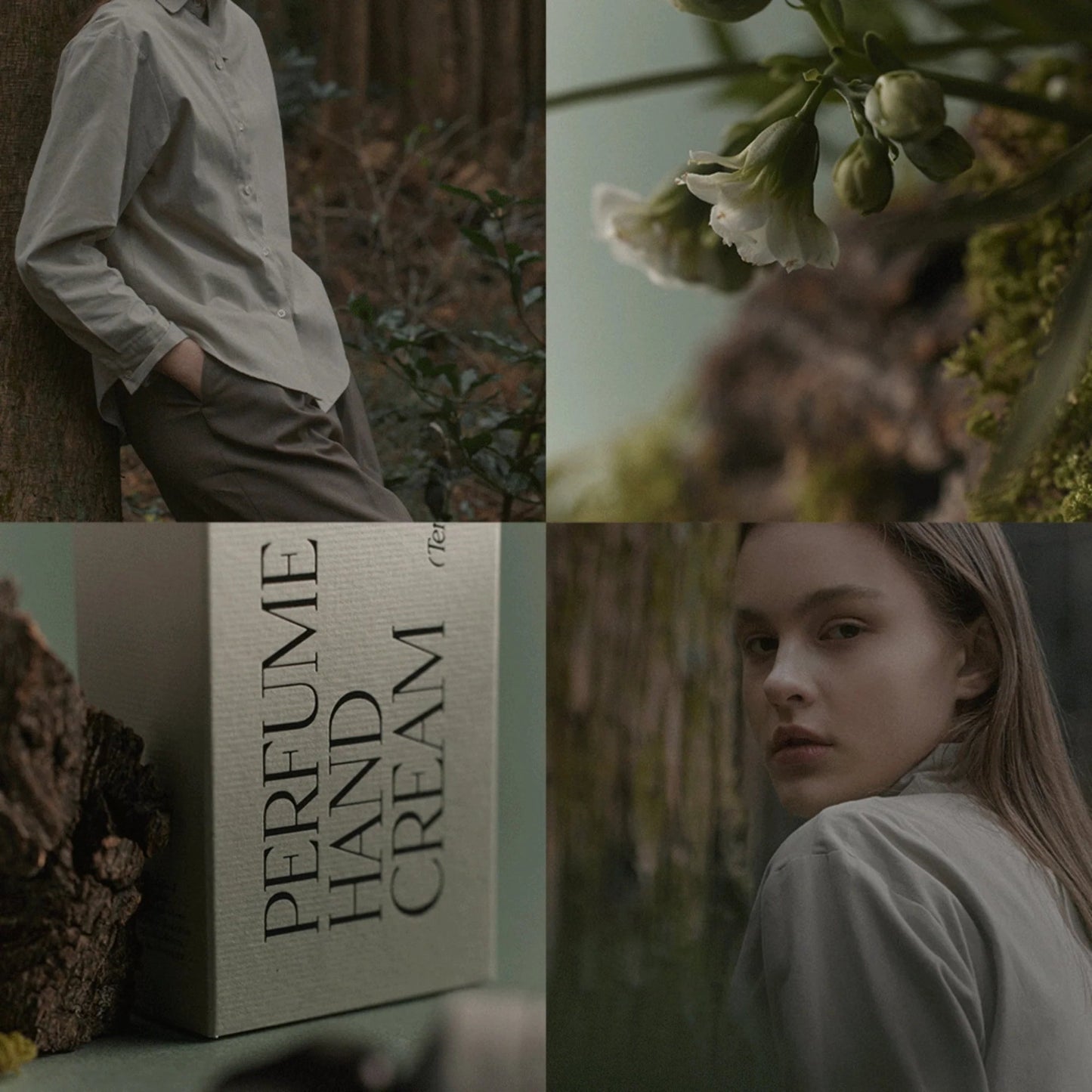 Lifestyle collage featuring Afterblow Tender Wood perfume hand cream with nature theme.