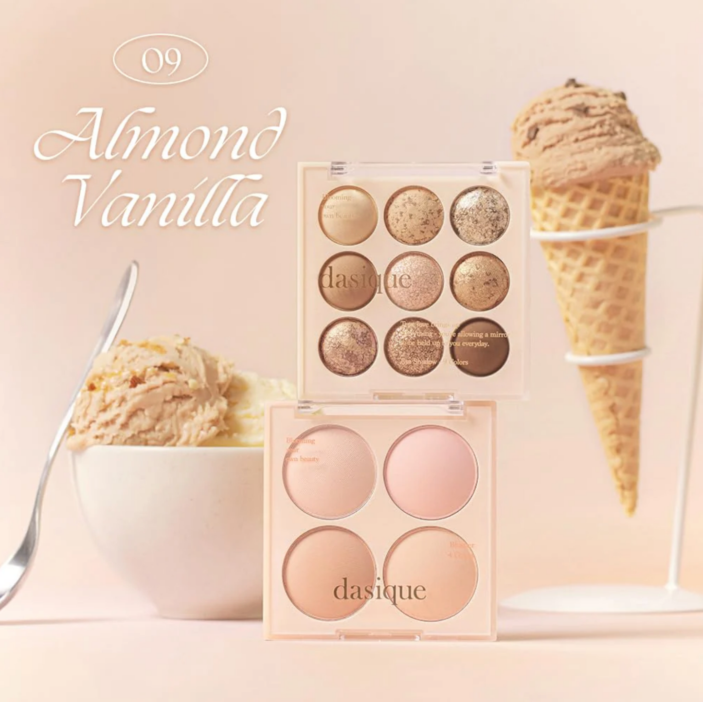 Dasique Almond Vanilla cheek and eye palette set shown with ice cream-inspired tones.