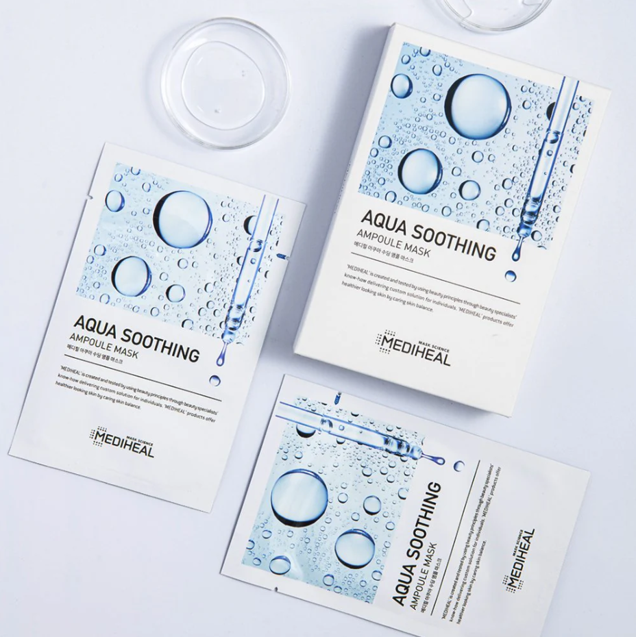 Mediheal Aqua Soothing Ampoule Mask set with box and pouches.