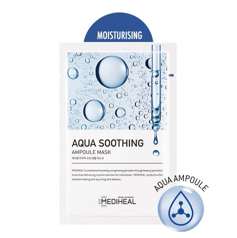 Single pack of Mediheal Aqua Soothing Ampoule Mask with moisturizing label.