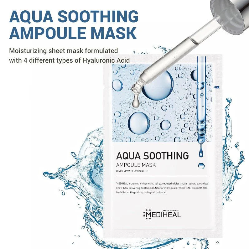 Mediheal Aqua Soothing Ampoule Mask with water splash and dropper.