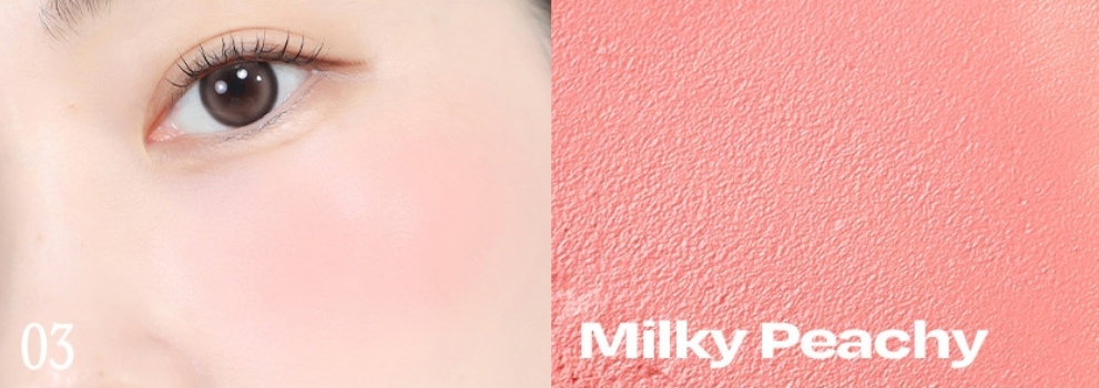 Close-up of Milky Peachy shade applied to cheek, paired with a texture swatch of the color.