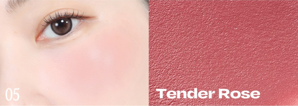 Tender Rose shade shown on cheek with matching textured swatch for rich rosy pigmentation.