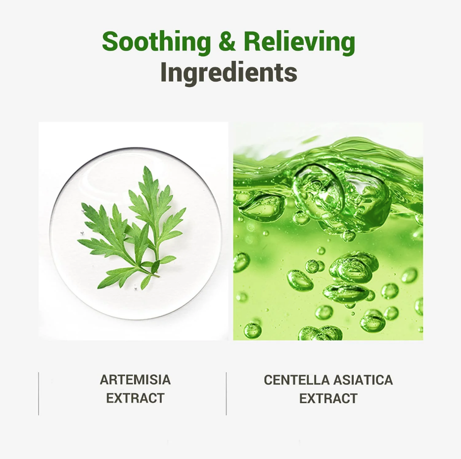 Artemisia and Centella Asiatica extracts shown as main soothing ingredients of the calming water mask.
