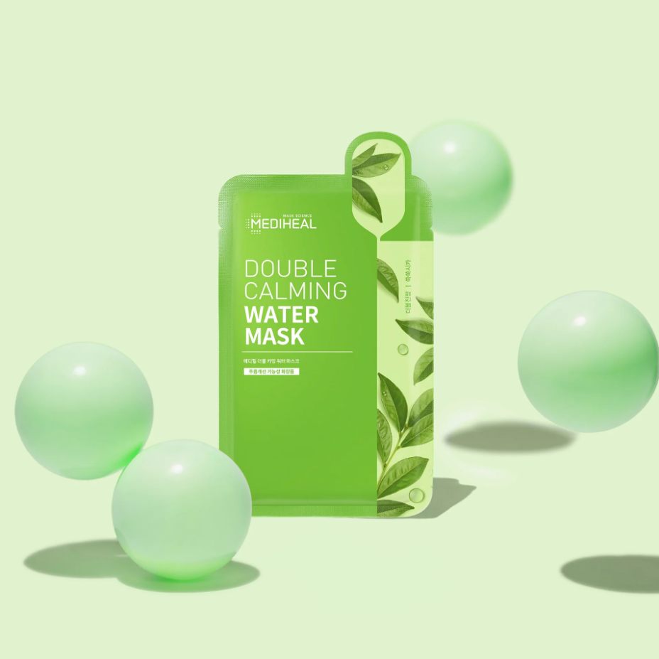 Mediheal Double Calming Water Mask with green spheres, highlights its skin-soothing benefits.