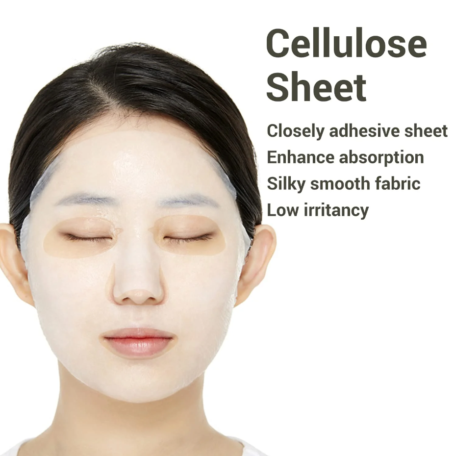 Model wearing Mediheal Double Calming Water Mask, highlighting cellulose sheet and skin adhesion.