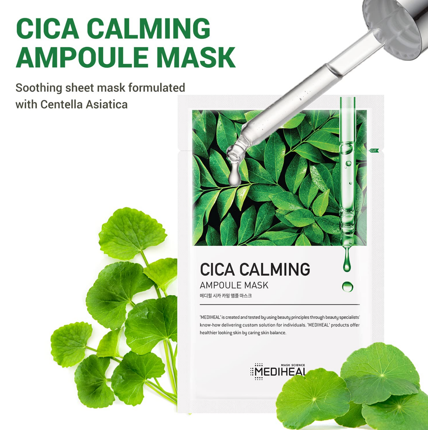Mediheal Cica Calming Ampoule Mask with Centella Asiatica and dropper illustration.