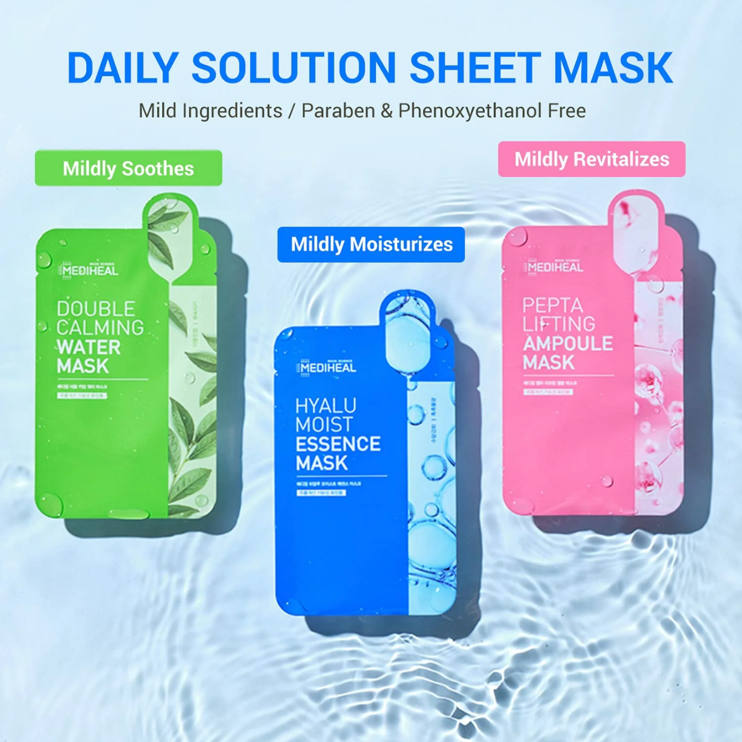 Mediheal daily sheet masks for soothing, moisturizing, and revitalizing skin.