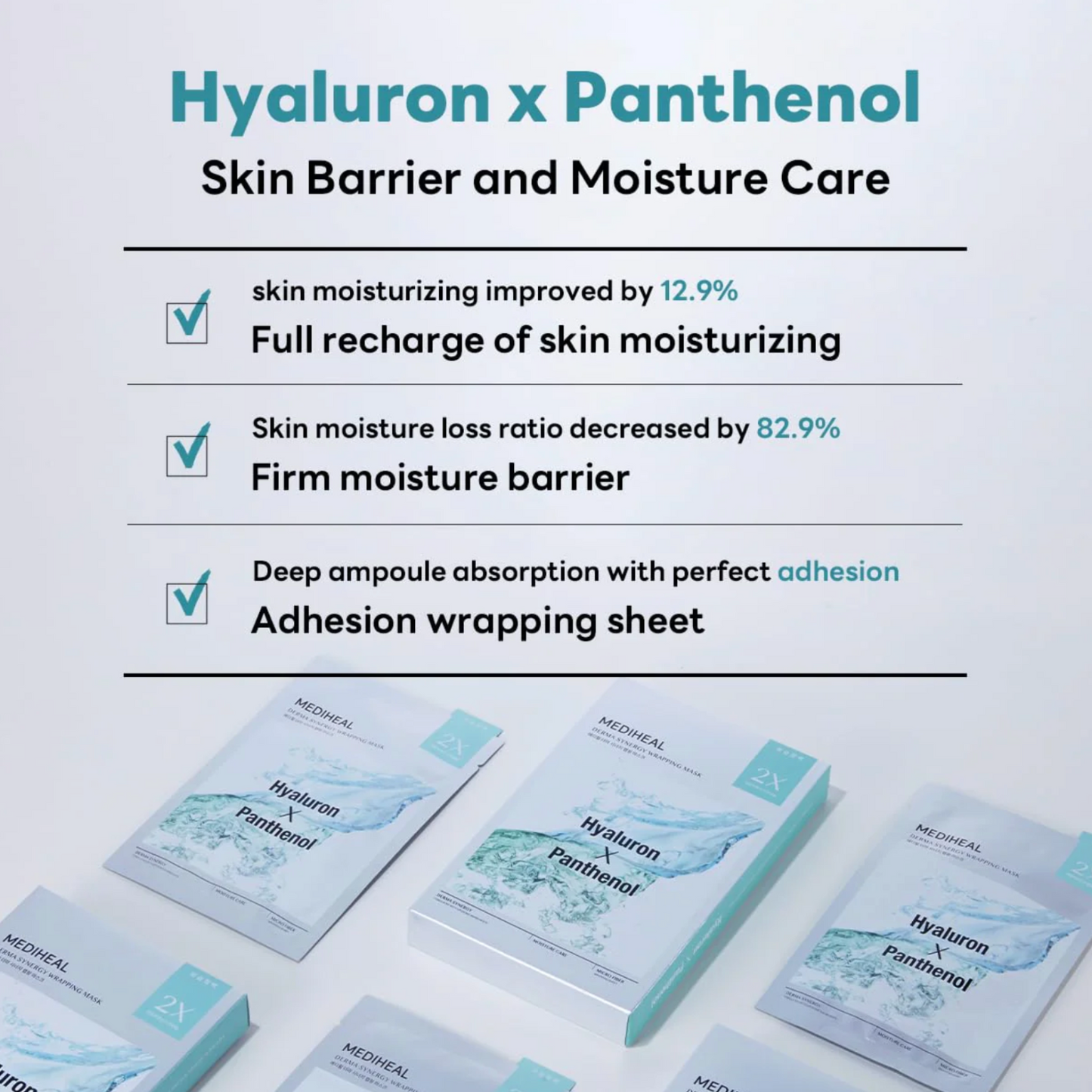 Mediheal Wrapping Mask improves moisture by 12.9% and reduces moisture loss by 82.9%.