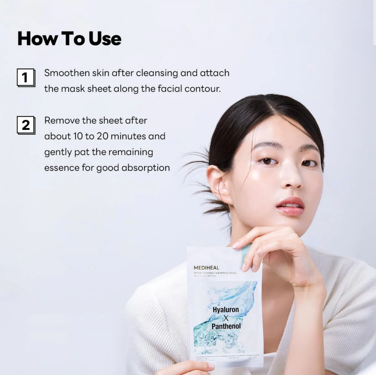 How to use Mediheal Wrapping Mask: apply, leave for 10-20 minutes, pat for better essence absorption.