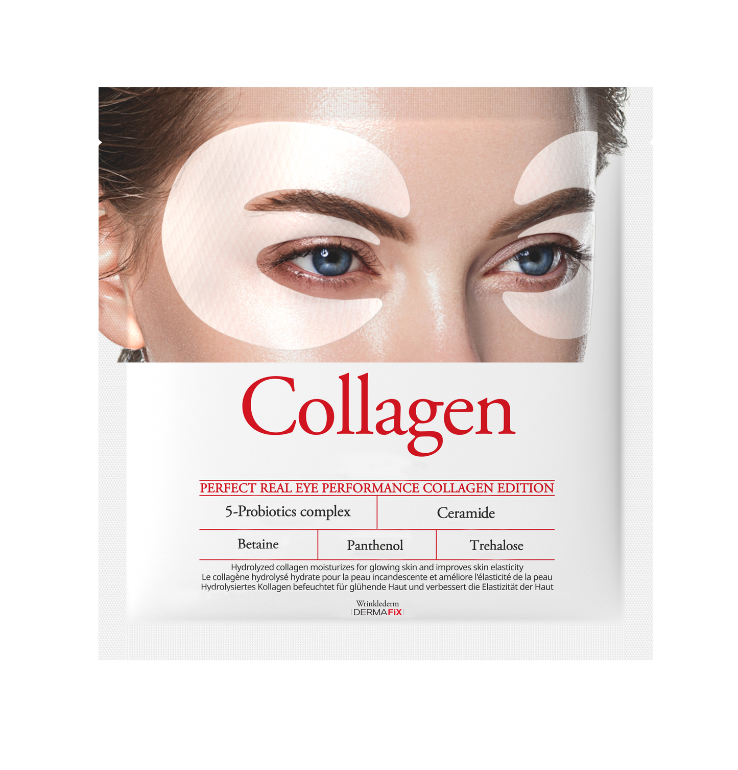 Dermafix 3D Collagen Eye Mask with 5-Probiotics Complex, Ceramide, and Panthenol for intensive under-eye care.