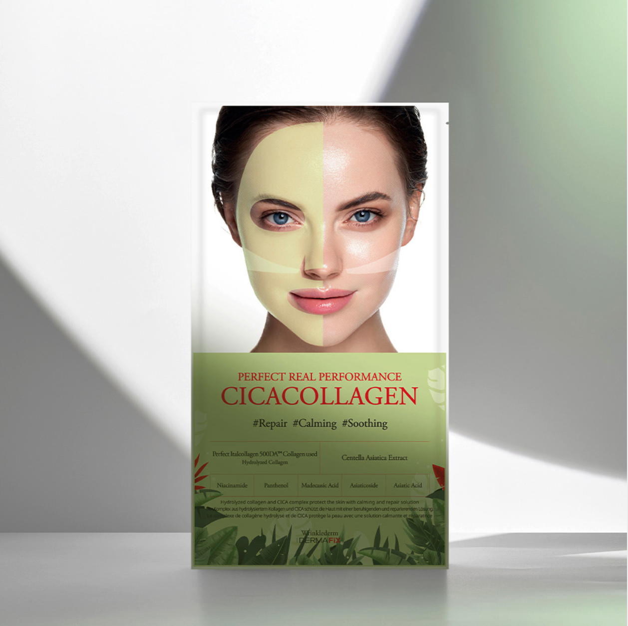 Dermafix CICA Collagen Mask front packaging for calming, soothing, and repairing stressed skin.