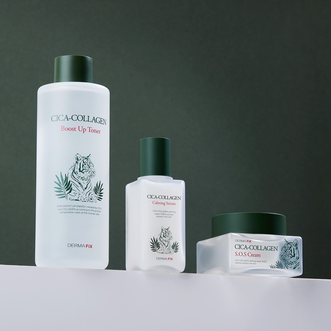 Dermafix Cica-Collagen skincare lineup featuring Boost Up Toner, Calming Serum, and S.O.S Cream.