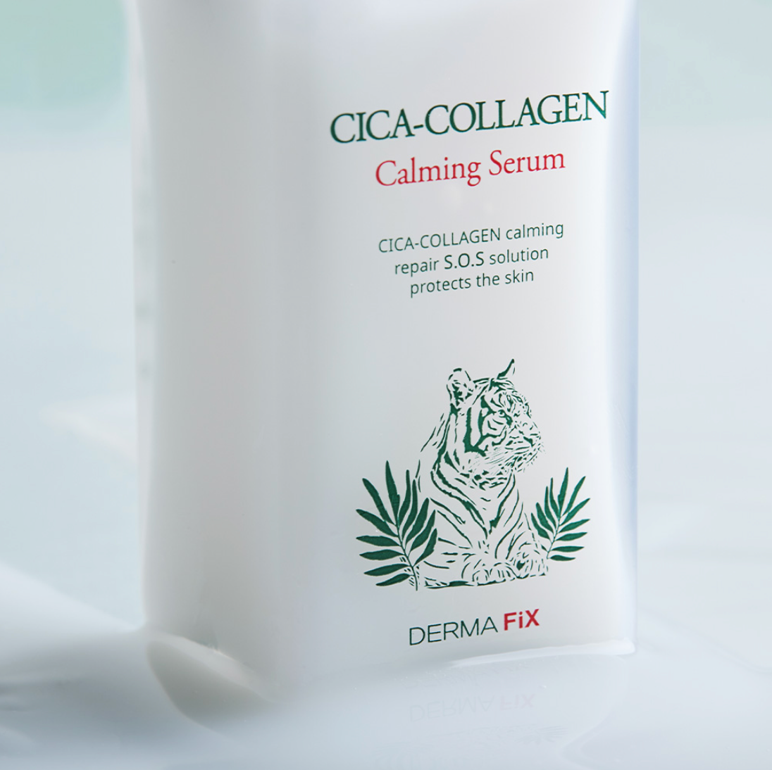 Close-up of Dermafix Cica-Collagen Calming Serum bottle highlighting the label and logo.