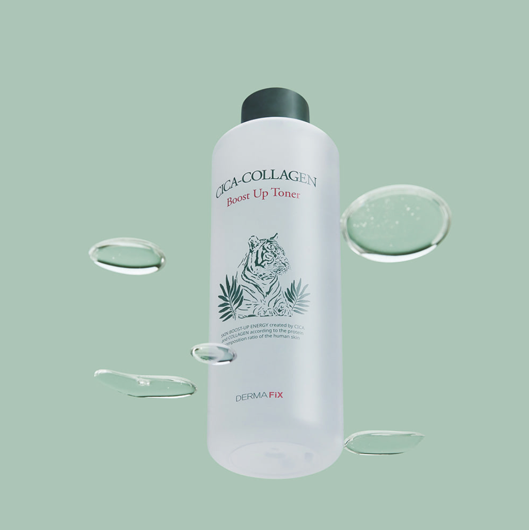 Dermafix Cica-Collagen Boost Up Toner bottle with clear serum droplets on pastel green background.