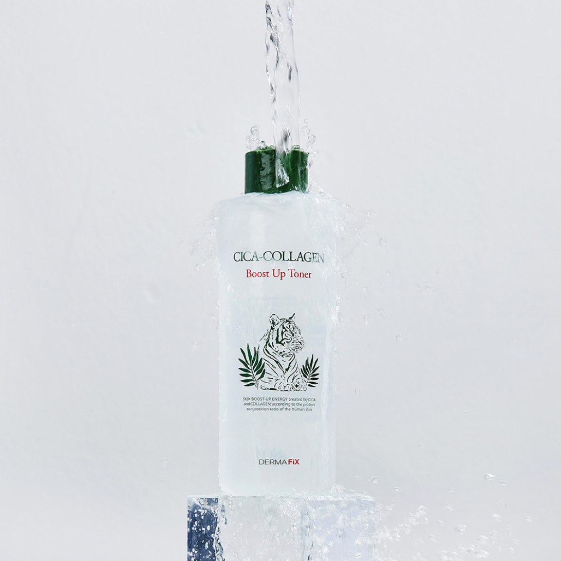 Dermafix Cica-Collagen Toner bottle splashed by a stream of water, emphasizing hydration.