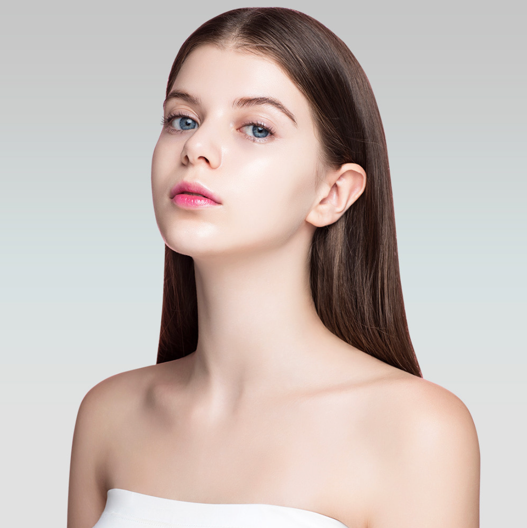 Model showing hydrated and radiant skin after applying Dermafix Collagen Essence Toner.