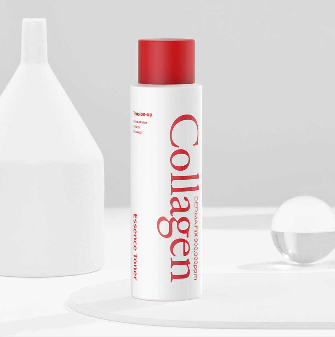 Dermafix Collagen Essence Toner bottle in soft grey background setup.