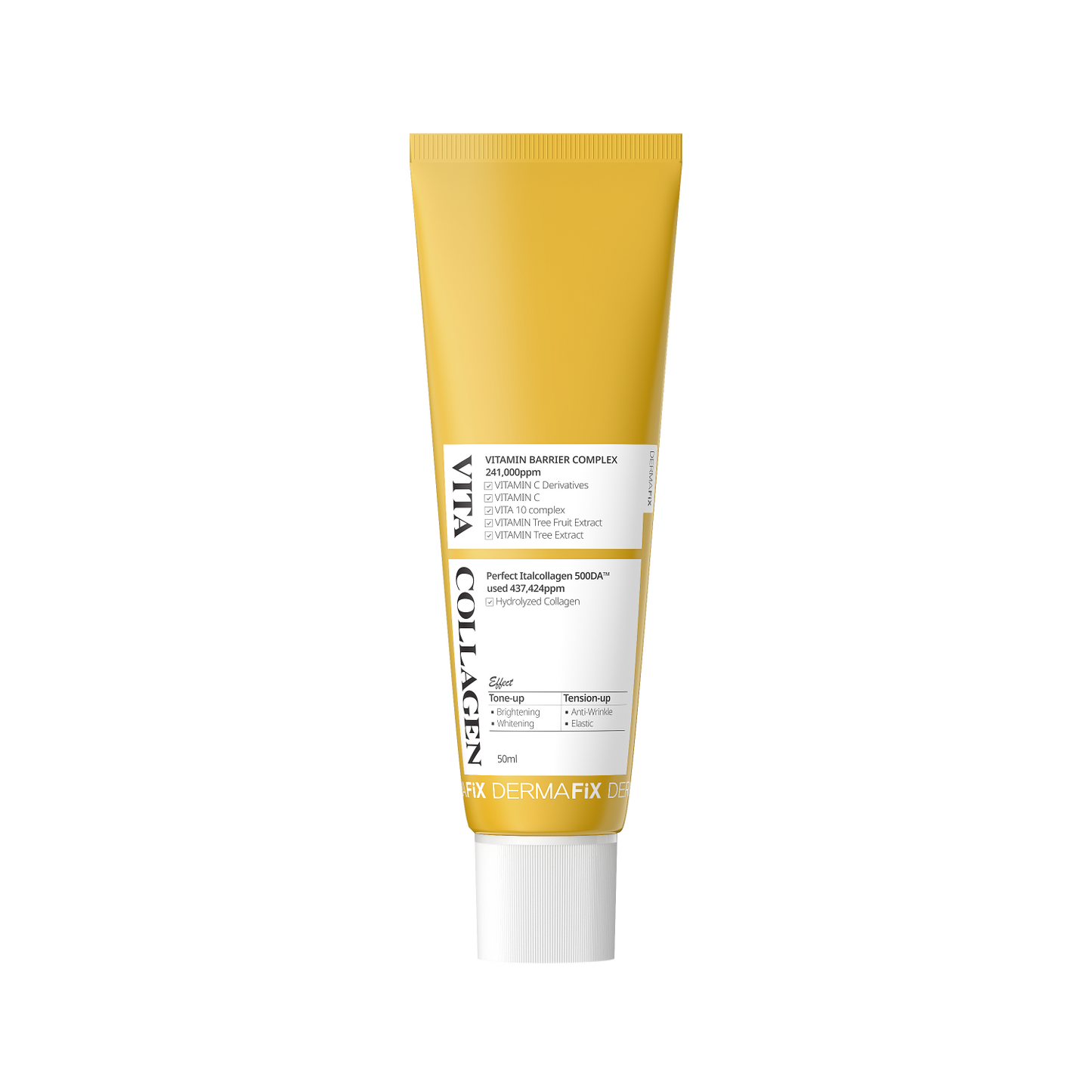 Dermafix Vita Collagen Brightening Cream tube showing ingredients and tone-up, anti-wrinkle benefits.