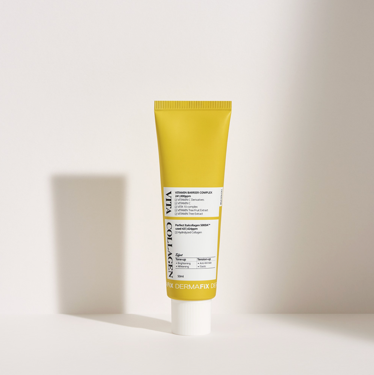 Single Dermafix Vita Collagen Cream tube in soft lighting against a minimal background.