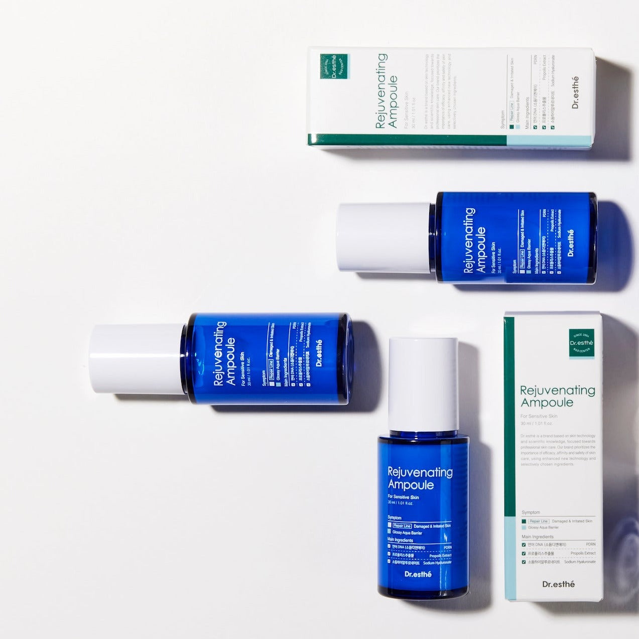 Dr. Esthé Rejuvenating Ampoule flatlay with packaging for sensitive and irritated skin barrier repair.