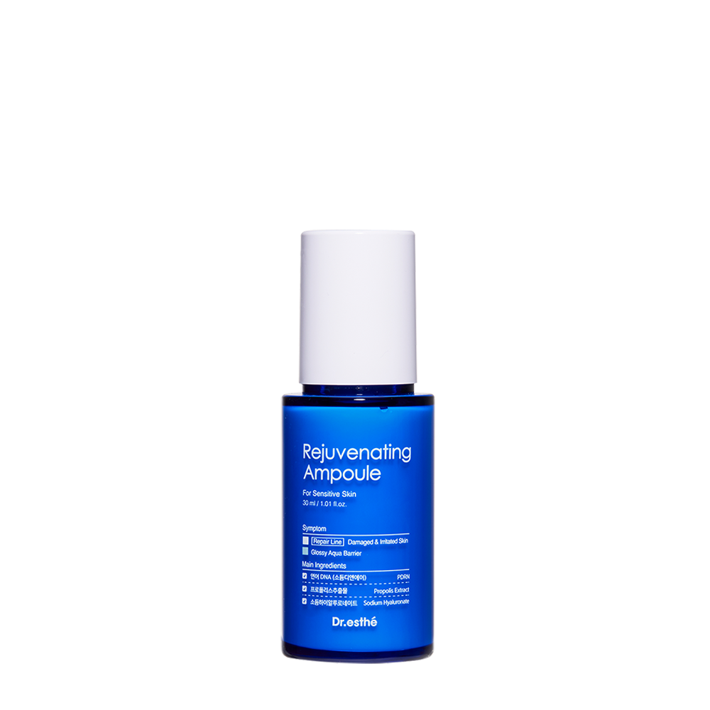 Dr. Esthé Rejuvenating Ampoule close-up showing main ingredients for sensitive and damaged skin.