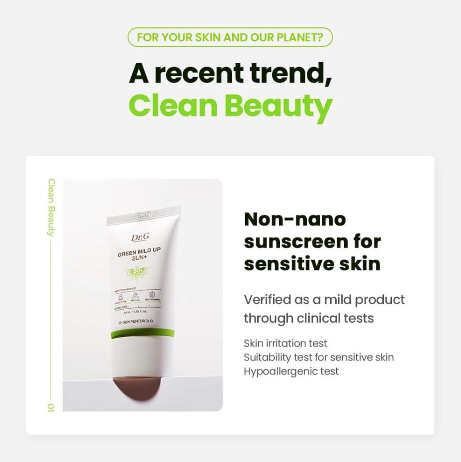 Dr.G Green Mild Up Sun+ non-nano mineral sunscreen suitable for sensitive skin, verified by clinical tests.