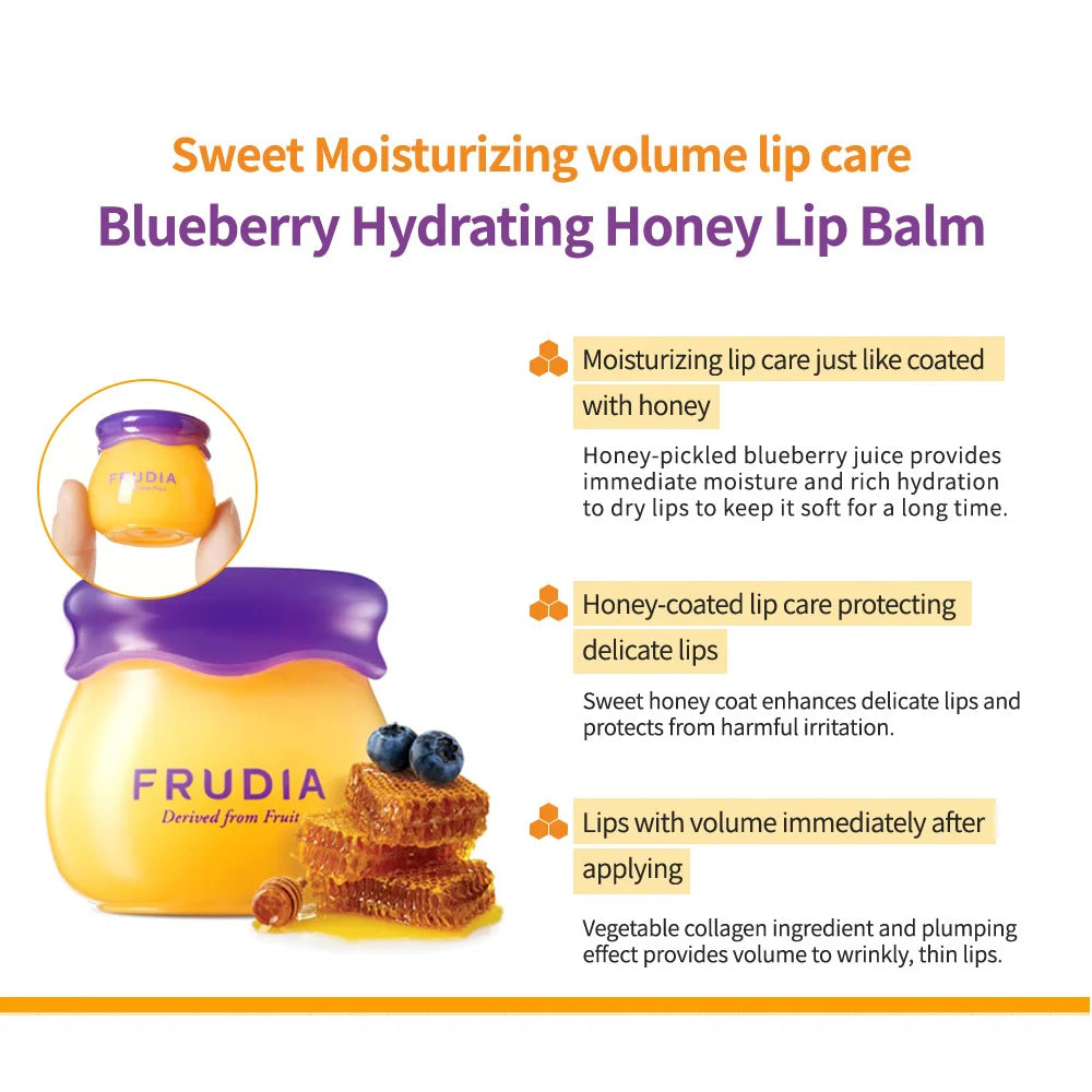 Moisturizing, honey-coated Frudia lip balm with blueberry and collagen benefits.