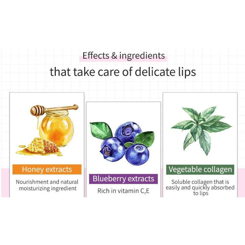 Key ingredients: honey, blueberry, and vegetable collagen for lip care.