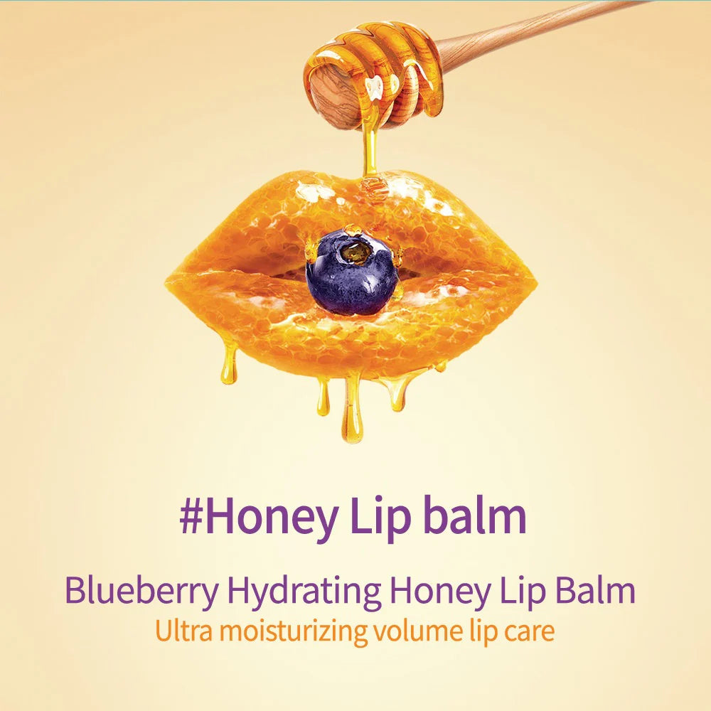 Dripping honey on lips graphic promoting Frudia Blueberry Hydrating Honey Lip Balm.