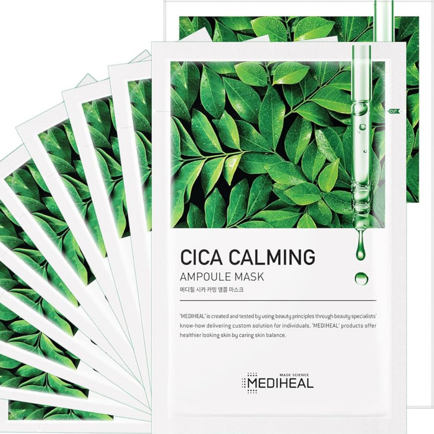 Mediheal Cica Calming Ampoule Mask multi-pack with green leaf design.