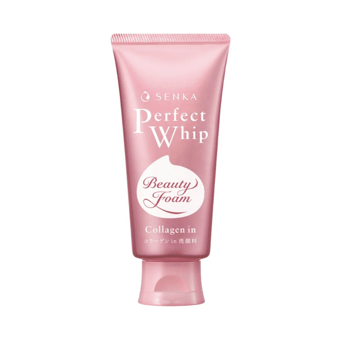 SENKA Perfect Whip Collagen Foam Cleanser with moisturizing formula in pink tube for smoother, youthful skin.