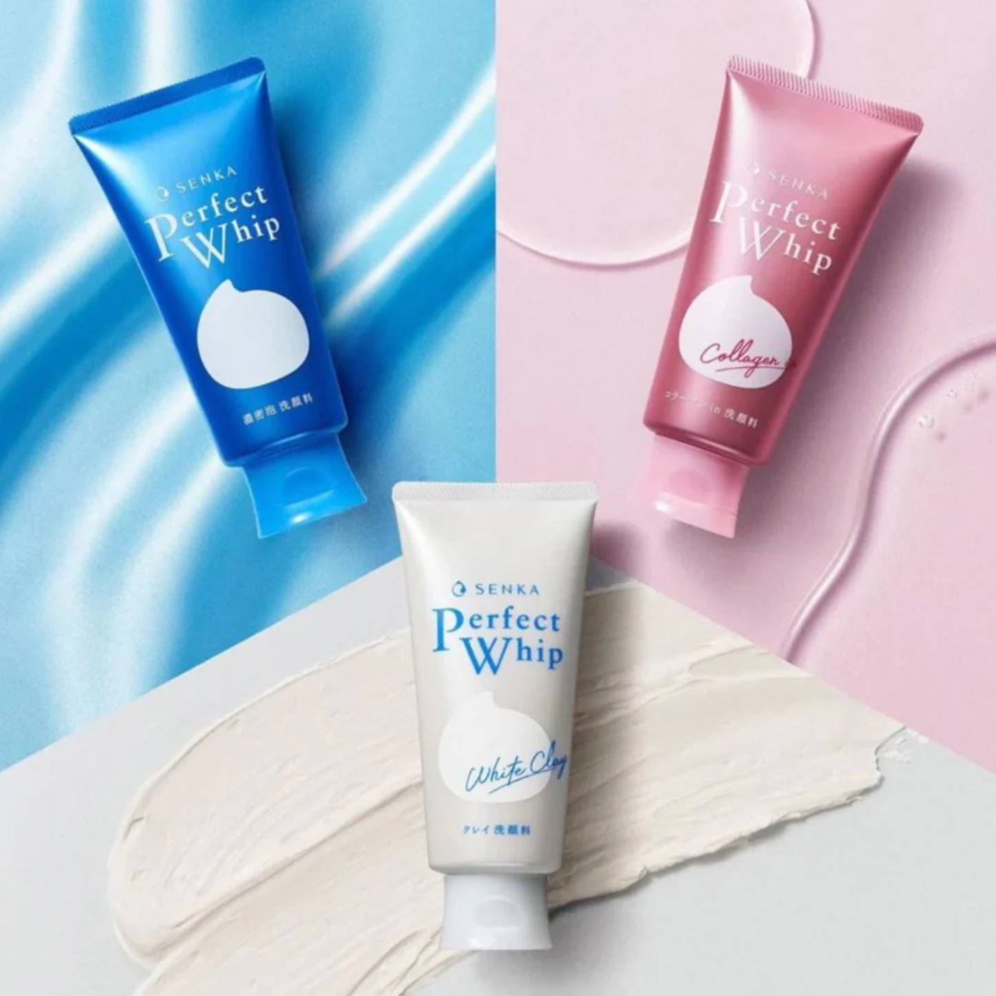 SENKA Blue, Pink, and White Clay cleansers displayed with rich foam textures for various skincare needs.