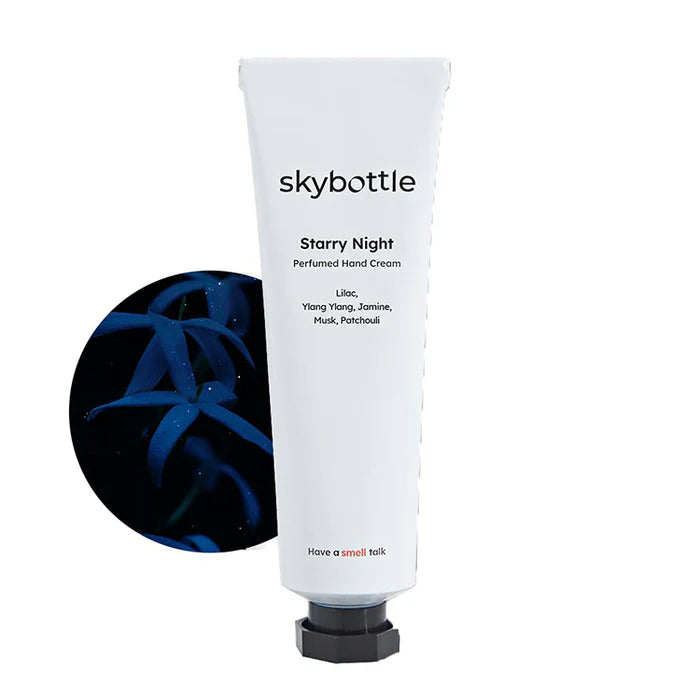 skybottle Starry Night hand cream with lilac flower detail and floral scent notes visible on packaging.