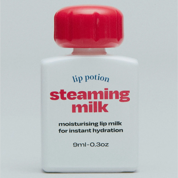 Alternative Stereo Steaming Milk front view – 9ml hydrating lip milk in white bottle with red cap.