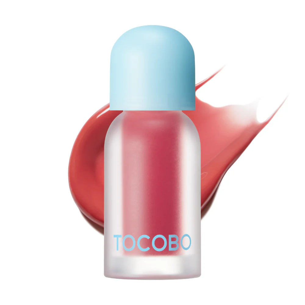 Pink TOCOBO lip oil bottle with matching pink swatch.