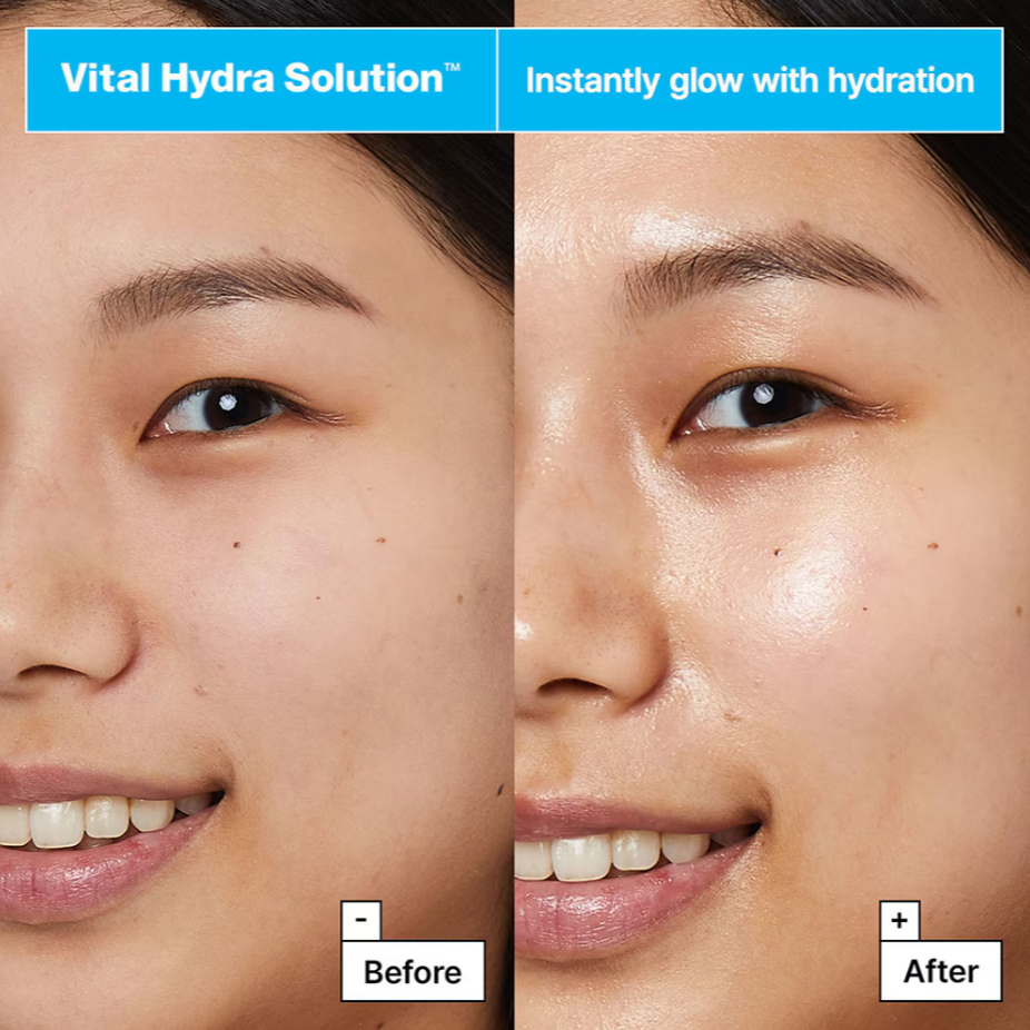 Before and after results of Dr. Jart+ Vital Hydra Mask showing skin glow and improved hydration.