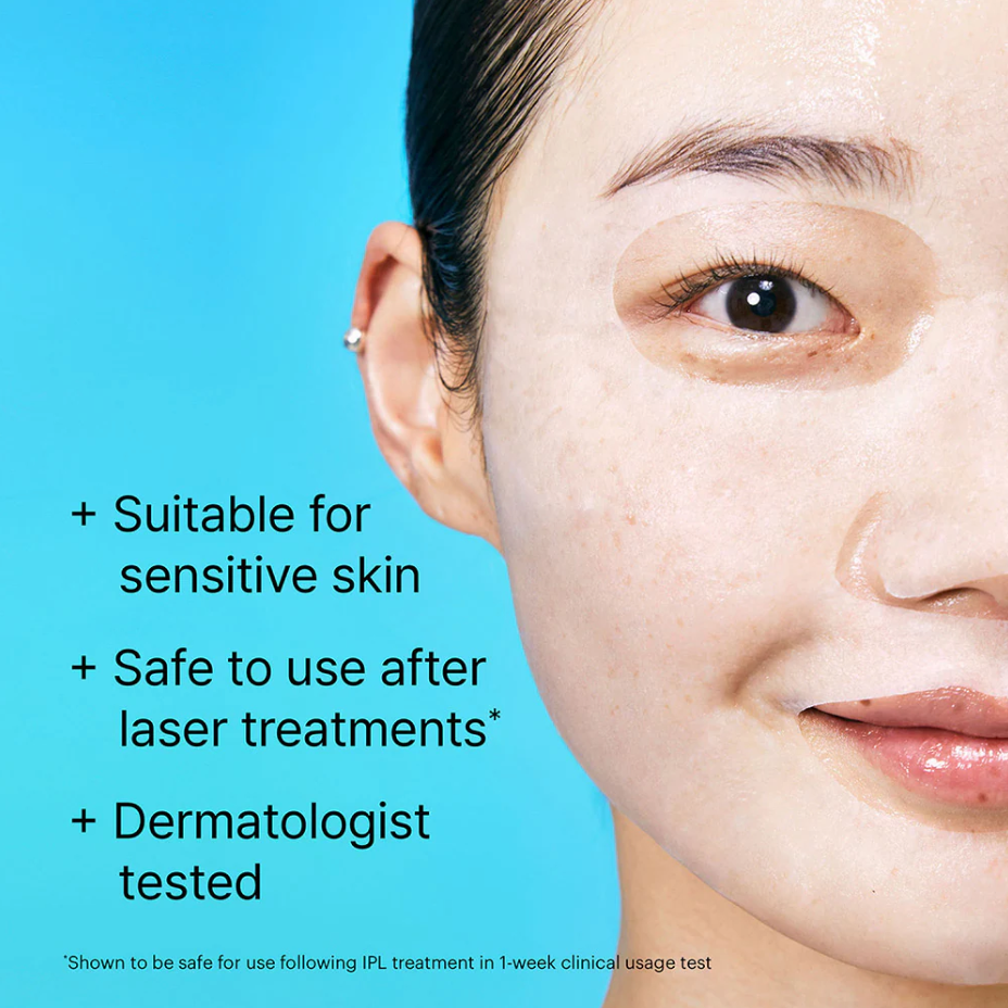 Model wearing Dr. Jart+ Vital Hydra Pro sheet mask, safe for sensitive and post-laser skin.