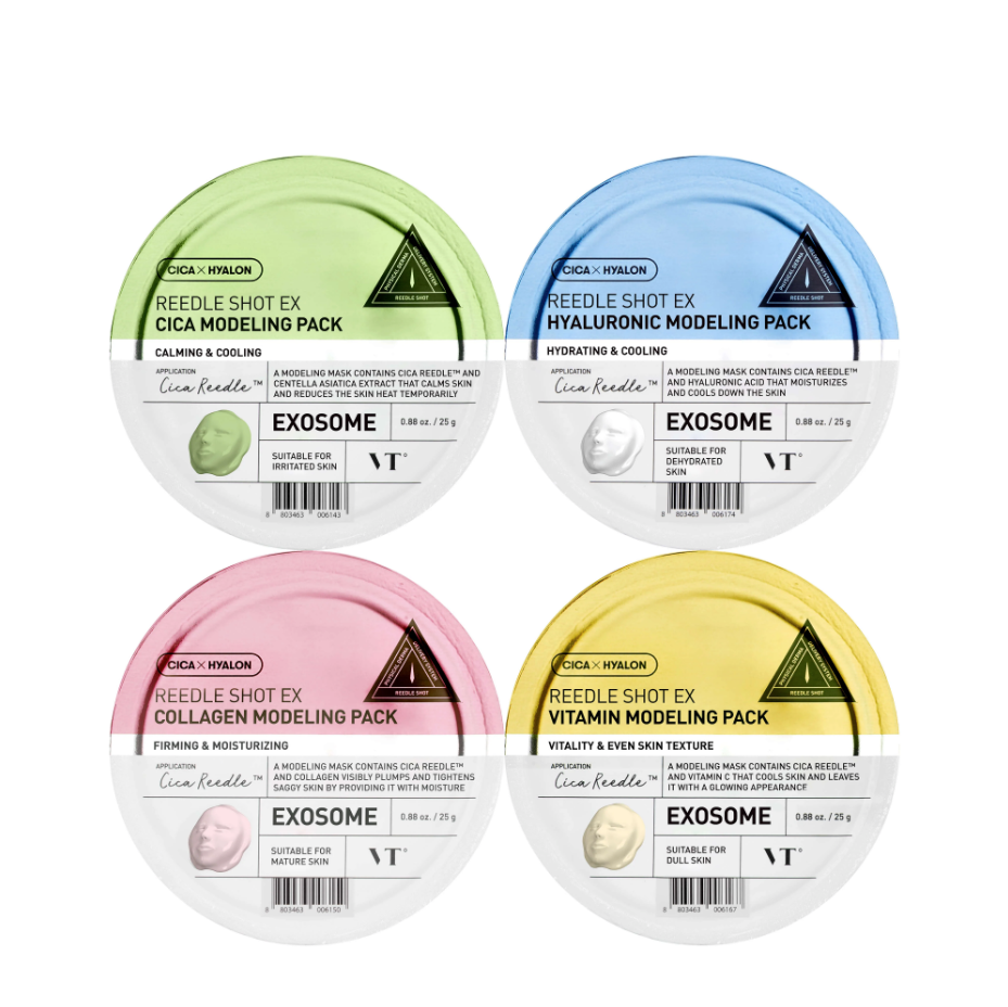VT Reedle Shot EX Modeling Pack set including Vitamin, Cica, Collagen, and Hyaluronic options.