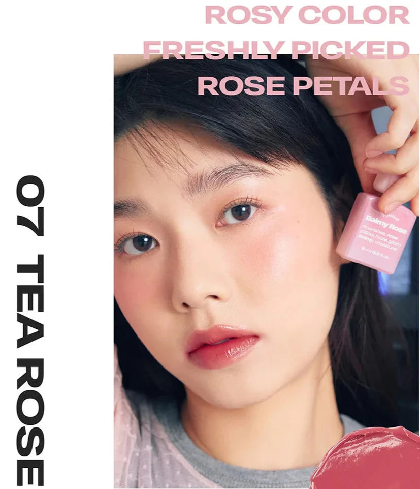 Model wearing Alternative Stereo Balmy Rose in 07 Tea Rose – rosy lip tint with petal-pink glow.