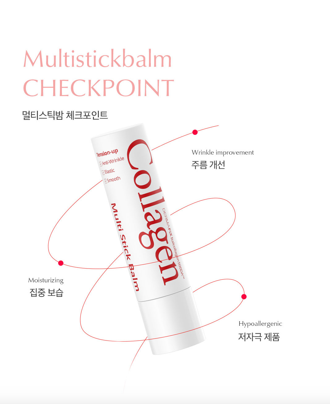 Collagen Multi Stick Balm infographic highlighting wrinkle care, elasticity, and hydration.
