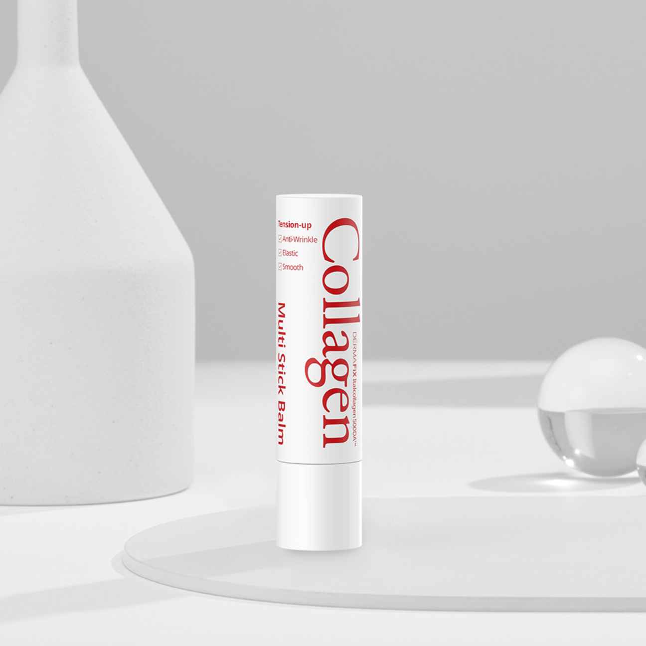 Minimalistic studio shot of Collagen Multi Stick Balm in white packaging.