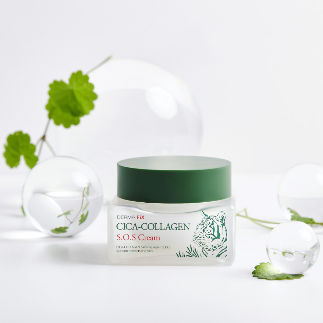 Dermafix Cica-Collagen S.O.S Cream placed among transparent 
crystal ball and centella leaves for a clean botanical look.