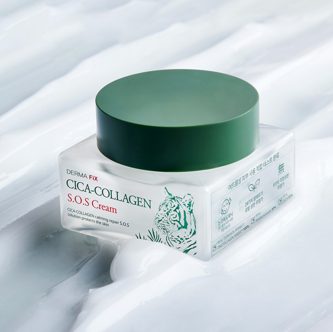 Dermafix Cica-Collagen S.O.S Cream on a creamy white textured surface, highlighting soothing hydration.
