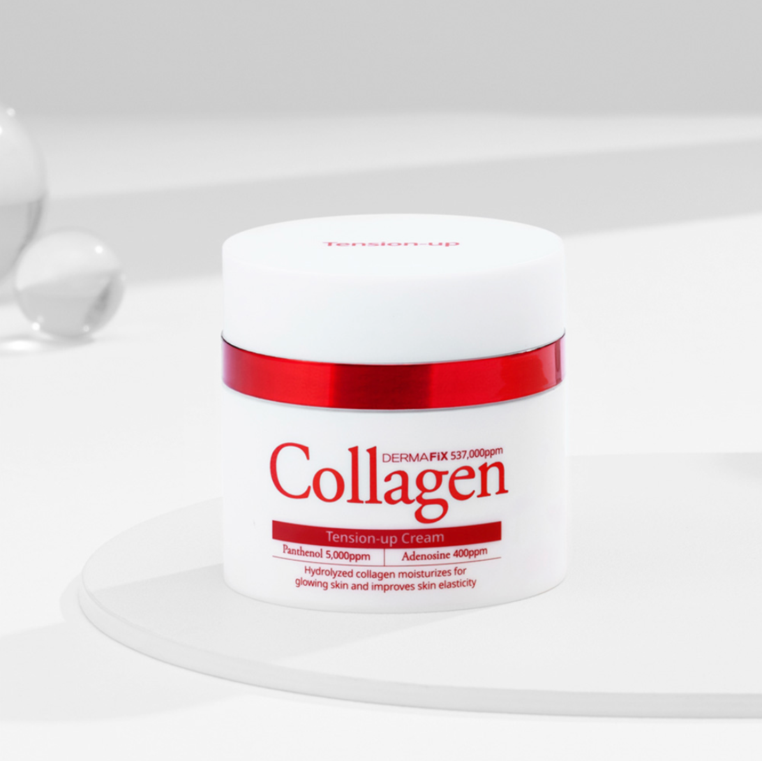 Minimalist product shot of DermaFix Collagen Tension-up Cream on a white platform.