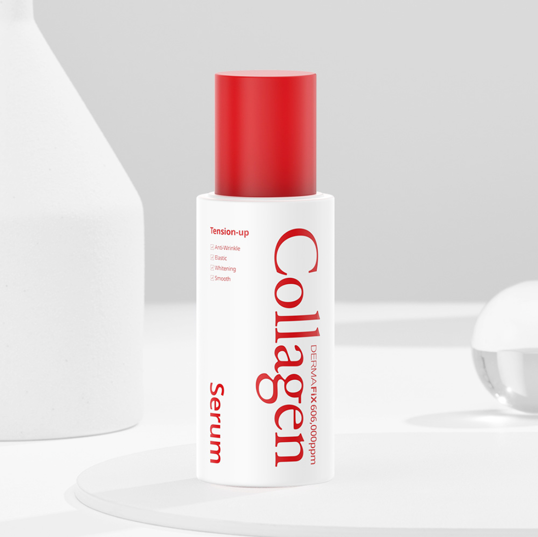 Dermafix Collagen Serum bottle featuring tension-up anti-aging formula.